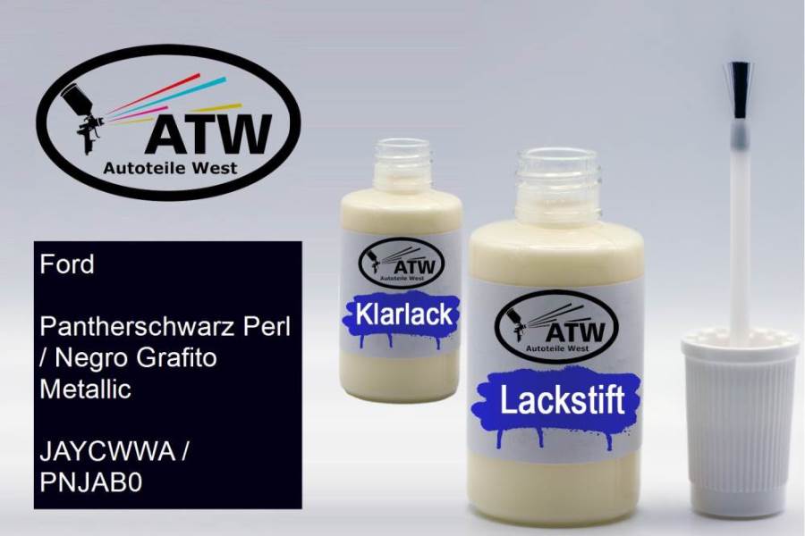 Ford, Pantherschwarz Perl / Negro Grafito Metallic, JAYCWWA / PNJAB0: 20ml Lackstift + 20ml Klarlack - Set, von ATW Autoteile West.